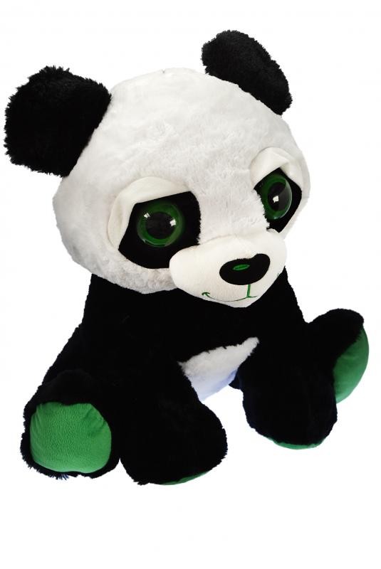 Plüss panda, ülő, nagyszemű, zöld talppal, 52 cm